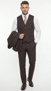 Men’s Vitali 3PC Suit – Choclate Brown and blue Plaid Check 3-Piece Suit with Double-Breasted Vest Modern Fit Side Vented