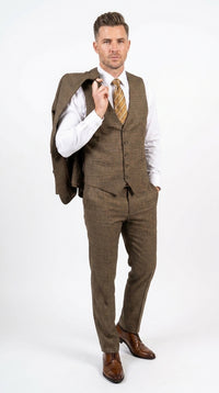 Men's Great Gatsby Brown Checker Plaid Texture 3-Piece Suit – Classic Fit Business, Wedding & Formal Suit Set - Victorian style 1920s