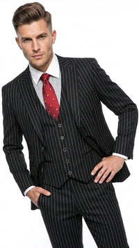 Men’s Black Skeleton Bone Pinstripe 3 Piece Suit – Gangster Style Striped Suit with Vest