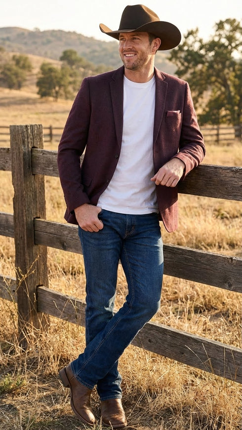 Men’s Burgundy Western Blazer Jacket, Textured Cowboy Style Sport Coat for - Tweed Herringbone Maroon Color
