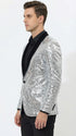 Men’s Silver Sequin Blazer Disco Style Jacket – Black Lapel Party Blazer, Shiny Evening Wear, 70s Dance Outfit, Formal Event Jacket