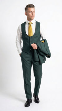 Mens Vitali 3 Piece Suit W/Scoop Vest Hunter Green 3-Piece Suit –, Big Peak Lapel Vest and Pants Modern Fit Two Buttons