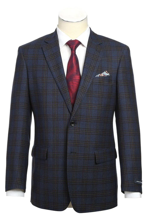 100% Wool Regular Fit 2 Button Sports Coat In Navy Plaid