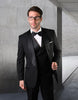 Mens Wool One Button Wide Shawl Lapel Tuxedo with Double Breasted Vest in Black