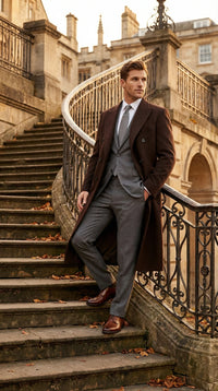 Men’s Brown Long Overcoat – Double Breasted Classic Formal Winter Coat for Business, Topcoat and Cold Weather Wear