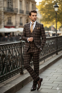 Men’s Brown Plaid Windowpane Three-Piece Suit Set – Classic Slim Fit Jacket, Double-Breasted Vest and Modern Fit Pants By Rossiman