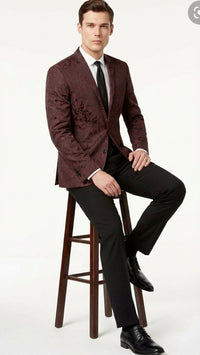 Men’s Burgundy Paisley Blazer Sport Coat – Velvet Dinner Jacket floral in Maroon Wine Color Ultra Slim Fit Smoking Jacket