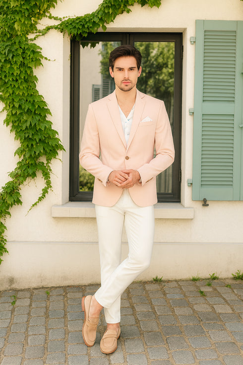 Men’s Blush Pink Slim Fit Blazer – Stylish Two-Button Sport Coat with Notch Lapel