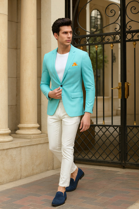 Men’s Aqua Blazer – Slim Fit One Button Suit Jacket with Stylish Floral Inner Lining - Light Turquoise