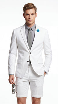 Men’s Cotton Fabric White 2 Piece Summer Suit with Shorts, Casual Beach Wedding and Resort Formal Outfit