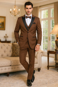 Men’s Light Brown Tuxedo Suit with Black Satin Lapel – 3 Piece Formal Wedding & Prom Outfit - Country Look