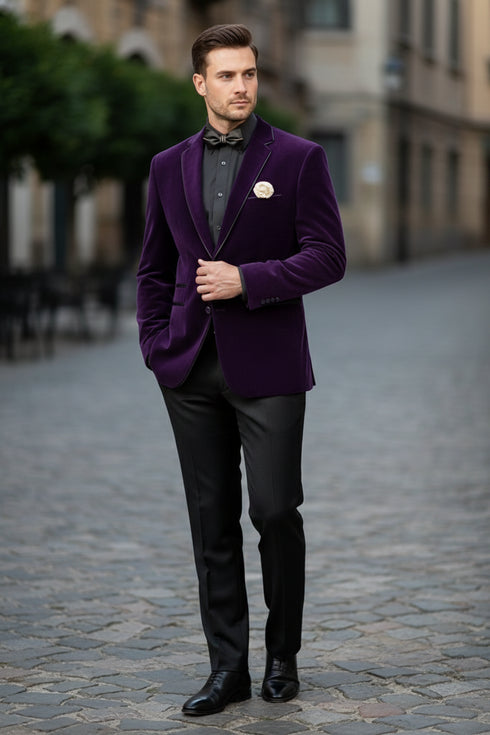 Men’s Purple Velvet Blazer – Luxury Slim Fit Formal Jacket with Black Satin Trim Tuxedo Dinner Jacket