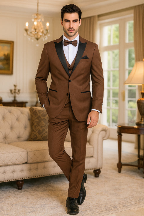 Men’s Light Brown Tuxedo Suit with Black Satin Lapel – 3 Piece Formal Wedding & Prom Outfit - Country Look