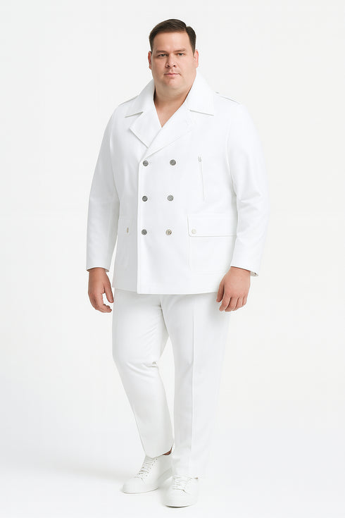 Men’s White Double-Breasted Peacoat Jacket – Classic Stylish Outerwear Wool Fabric Slim Fitted