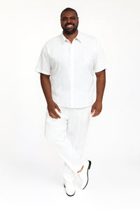 Men’s Linen White Embroidered Guayabera Two-Piece Set – Short Sleeve Shirt and Pants - Summer Walking Suit