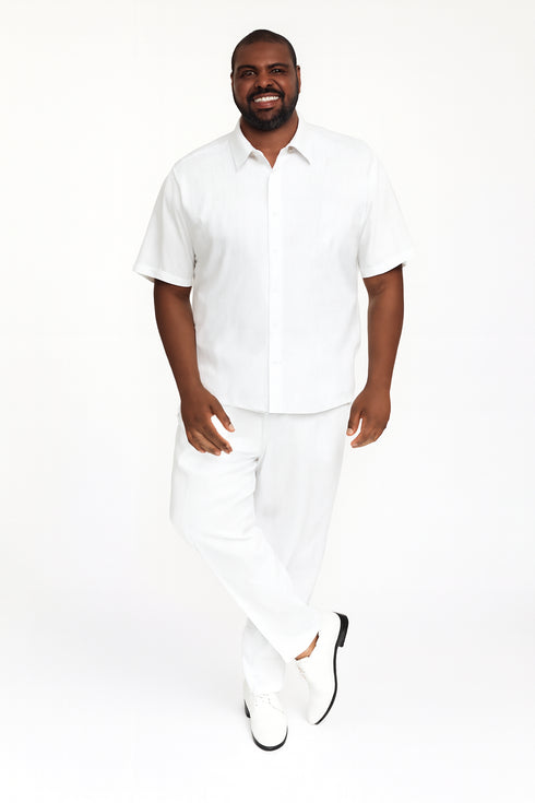 Men’s Linen White Embroidered Guayabera Two-Piece Set – Short Sleeve Shirt and Pants - Summer Walking Suit
