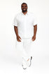 Men’s Linen White Embroidered Guayabera Two-Piece Set – Short Sleeve Shirt and Pants - Summer Walking Suit