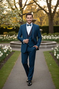 Men’s Teal Blue Tuxedo – 3-Piece Formal Suit with Satin Shawl Lapel, Vest, and Pants in Saphire Cobalt Blue Color