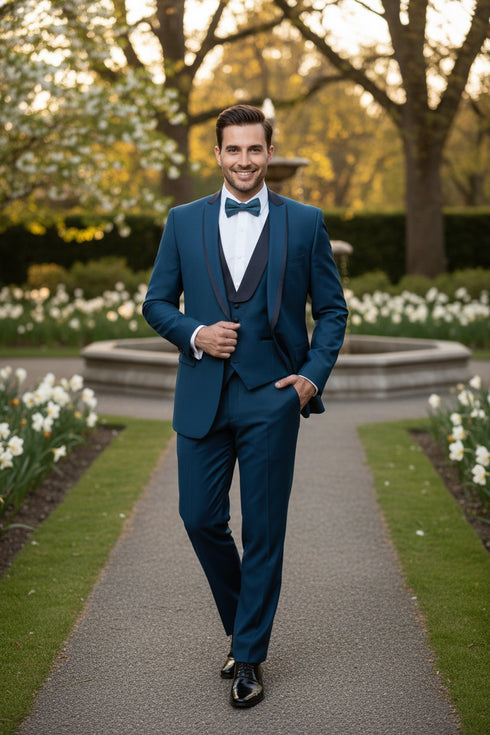 Men’s Teal Blue Tuxedo – 3-Piece Formal Suit with Satin Shawl Lapel, Vest, and Pants in Saphire Cobalt Blue Color