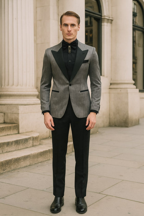 Silver Metallic Tuxedo Suit with Black Satin Peak Lapel – Mens Slim Fit Formal Wedding and Prom Attire in Charcoal Grey With Pants