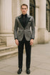 Silver Metallic Tuxedo Suit with Black Satin Peak Lapel – Mens Slim Fit Formal Wedding and Prom Attire in Charcoal Grey With Pants