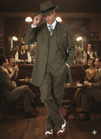 Mens Olive Green Pinstripe Zoot Suit – 1920s Gangster Vintage 3-Piece Suit for Formal and Themed Events