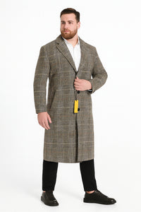 Men’s Full length Long Plaid Overcoat – Classic Checkered Wool Blend Winter Coat in Gray Color Checkered