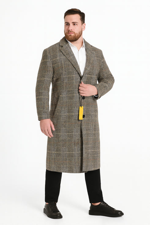 Men’s Full length Long Plaid Overcoat – Classic Checkered Wool Blend Winter Coat in Gray Color Checkered