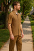 Mens Mocha Brown Short Sleeve Knit Walking Suit – Two-Piece Casual Button Down Set in Taupe Coffee Color