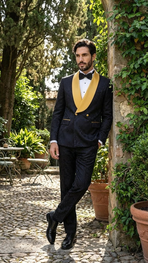 Men’s Black and Gold Jacquard Tuxedo Suit – Luxury Slim Fit Formal Wedding, Prom, and Gala Outfit