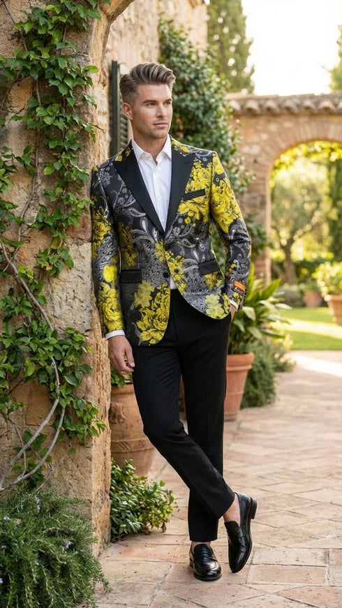 Men’s Yellow Tuxedo Black and Gold Floral Pattern Blazer | Formal Jacket - Prom Dinner Jacket + Black Pants + Bowtie