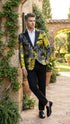 Men’s Yellow Tuxedo Black and Gold Floral Pattern Blazer | Formal Jacket - Prom Dinner Jacket + Black Pants + Bowtie