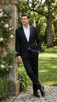 Tiglio Designer Men’s Black Single Button Tuxedo Suit – Formal Black Business and Wedding Suit Shawl Collar Super 150's Wool Fabric