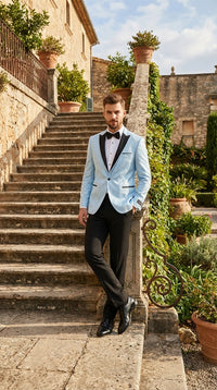 Men’s Baby Blue Tuxedo Blazer with Black Lapel – Formal Dinner Jacket for Wedding, Prom and Evening Events in Sky Light Blue Color