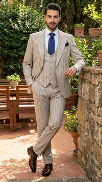 Men's Beige with blue Pinstripe Three-Piece Suit with Vest by Rossiman Vested Peak Lapel in Tan Stripe 1920s style