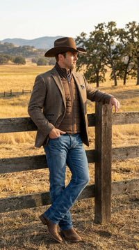 Men’s Brown Herringbone Tweed Cowboy Western Blazer – Classic Country Sport Coat Jacket for Ranch Wear, Cowboy Jacket