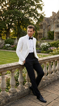 Men's White Dinner Jacket Tuxedo Blazer with Black Satin Shawl Lapel With Black Tuxedo Pants