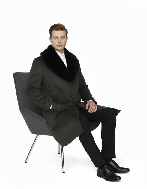 Mens Full Length Olive Overcoat with Black Fur Collar – Luxury Wool Fabric Winter Long Coat in Hunter Green