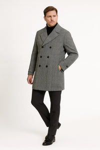 Mens Grey Plaid Double-Breasted Overcoat – Classic Wool-Blend Winter Coat