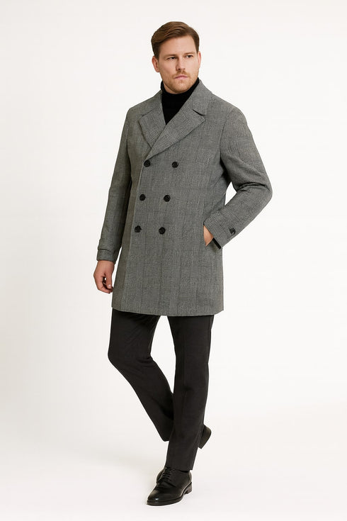 Mens Grey Plaid Double-Breasted Overcoat – Classic Wool-Blend Winter Coat
