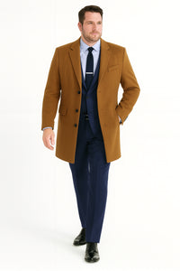 Men’s Camel Brown Wool Overcoat – Classic Long Dress Coat for Business and Casual Wear in Vecuna Color