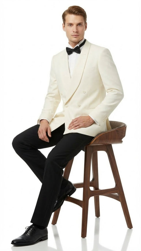 Men’s Ivory Double-Breasted Shawl Lapel Tuxedo Jacket | Premium Formal Dinner Jacket for Weddings and Black-Tie Events