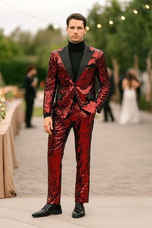 Men’s Red Sequin Tuxedo Suit with Black Lapel – Luxury Slim Fit Blazer and Pants Set Matching
