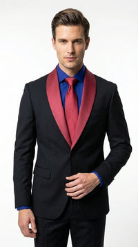 Men’s Black Suit with Burgundy Shawl Lapel – Formal Tuxedo Suit for Wedding, Prom and Evening Events + Bowtie & Tie