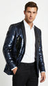 Men’s Navy Sequin Blazer – Navy Blue Sparkle Sequin Formal Blazer with Satin Lapel for Prom, Party and Evening Events