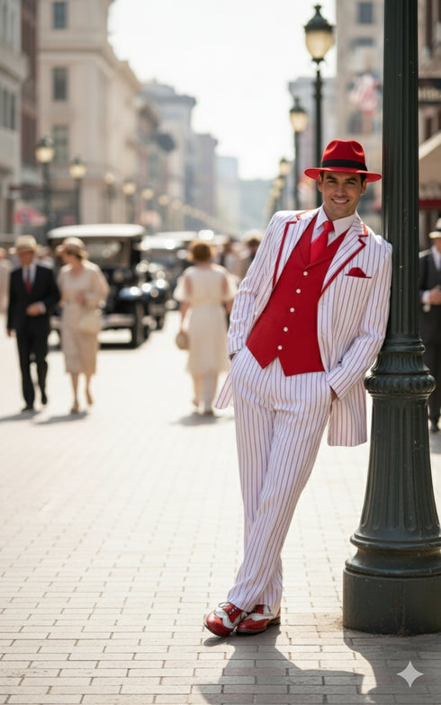 Men’s 1920s White and Red Pinstripe Zoot Suit with Fedora Hat and Wingtip Shoes – Vintage Gangster 3-Piece New Year Holiday Christmas Suit