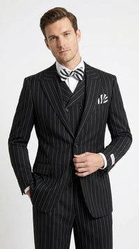 Men’s Black Pinstripe 3-Piece Suit Wool Suit – Classic Fit Single Button Suit with Wide Leg Pleated Pants By Tiglio Russo