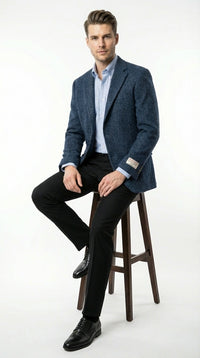 Mens Light Blue Tweed Blazer Sport Coat – Classic Herringbone Jacket Formal Business Casual Smart Outerwear in indigo cobalt blue