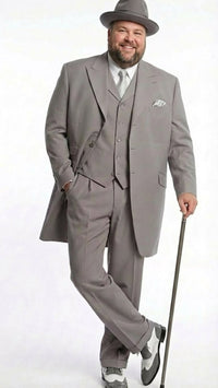Men’s Gray Zoot Suit with Matching Hat and 1920s Shoes | Grey Vintage Wedding and Party Three Piece Suit