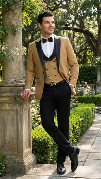 Men's Dark Camel Tan Khaki and Black Great Gatsby Tuxedo Suit – Vintage 1920s Formal Wedding, Party and Event Wear